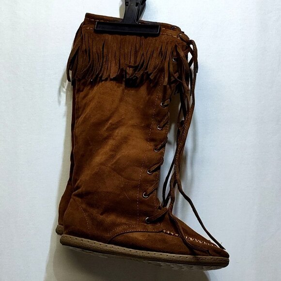Charlotte Russe Knee High Fringe Boots Size 6 Faux Suede Zipper Lace-Up Detail - Picture 2 of 8